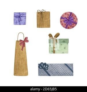 Boîtes-cadeaux de Noël de différentes tailles avec boucles et rubans colorés ensemble d'illustrations aquarelles pour accessoires de fête, rassemblement de famille et de clébrations, décoration de vacances d'hiver Banque D'Images