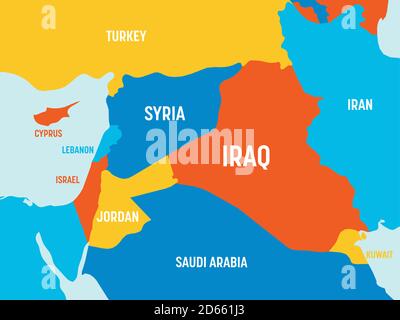 Carte du Moyen-Orient - 4 couleurs vives. Carte politique détaillée du Moyen-Orient et de la Péninsule arabique avec étiquetage des noms de pays, d'océan et de mer. Illustration de Vecteur