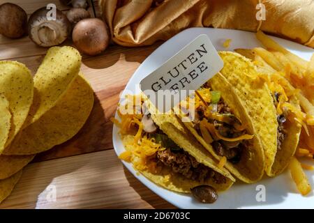 Cuisine mexicaine-américaine de Philly Cheesesteak tacos avec oignons poivrons et champignons, frites sur le côté Banque D'Images