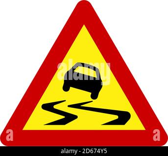 Panneau d'avertissement avec symbole route glissante Banque D'Images