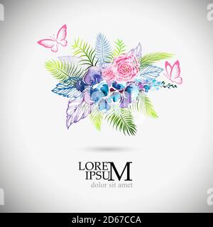 Abstraction florale de l'aquarelle différentes couleurs avec des papillons. Imprimé t-shirt. Illustration vectorielle. Illustration de Vecteur
