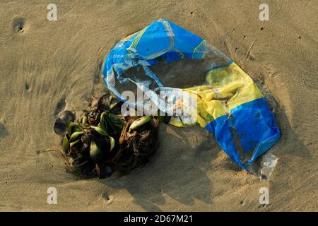 Pollution plastique, paquet de pain vide lavé sur la plage, emballage alimentaire, Durban, Afrique du Sud, gestion des déchets, sac HDPE, litière, gros plan, déchets Banque D'Images