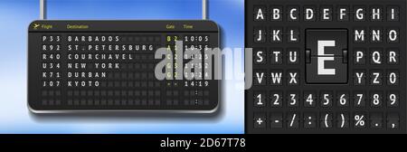 Horaires des vols noirs avec départs. Tableau de bord 3D de l'aéroport avec vols annulés en raison d'un pandemy covid. Modèle de tableau de bord Vector Realistic Flip Airport. Tableau alphabétique de l'aéroport sur fond sombre Illustration de Vecteur