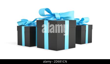 Noël cadeaux boîtes noires attaché avec ruban bleu. Cadeau d'anniversaire avec amour. Joyeux cadeau de fête. Rendu 3D Banque D'Images