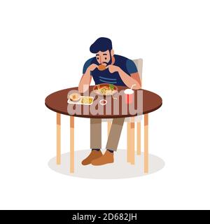 Homme mangeant à une table de restauration rapide isolée sur un fond blanc. Un homme entre dans une restauration rapide et fait une commande. Illustration vectorielle plate Illustration de Vecteur