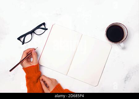 Les mains d'une femme dans un chandail rouge tricoté, tenant le stylo près du bloc-notes vierge Banque D'Images