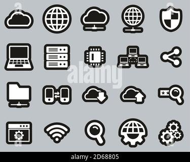 Cloud Network icônes blanc sur noir ensemble d'autocollants grand Illustration de Vecteur