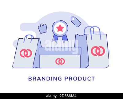 Logo du concept du produit de marquage sur la boîte emballage sac à provisions blanc arrière-plan isolé avec style de contour plat Illustration de Vecteur