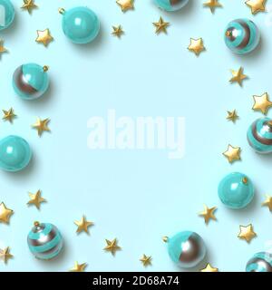 illustration 3d étoiles dorées scintillantes et boule de noël sur fond bleu. Banque D'Images