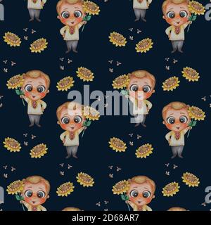 Motifs sans couture. Joli petit mec dans une chemise brodée avec un tournesol jaune dans sa main et des abeilles volantes sur un fond sombre. Concept de miel Banque D'Images