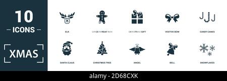 Jeu d'icônes Noël. Collection de panneaux monochromes avec le père noël, l'arbre de christmos, l'ange, la cloche et les icônes. Ensemble d'éléments de Noël. Illustration de Vecteur