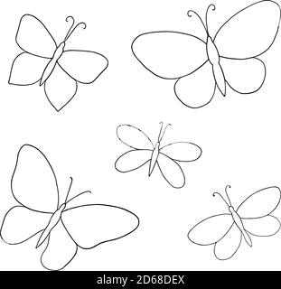 Un dessin à la main papillons ensemble simple vecteur illustration de contour, dessin de contour en style doodle, symbole de l'été et de la nature Illustration de Vecteur