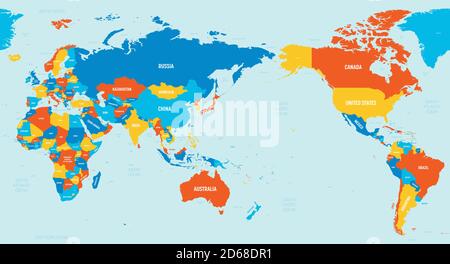 Carte du monde - centrée sur l'Asie, l'Australie et l'océan Pacifique. 4 couleurs vives. Carte politique détaillée du monde avec étiquetage des noms de pays, d'océan et de mer. Illustration de Vecteur