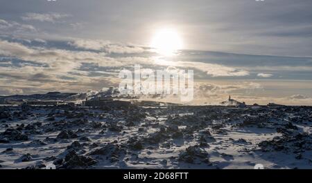 Zone géothermique Gunnuhver et la centrale géothermique Sudurnes. europe, Europe du Nord, islande, février Banque D'Images