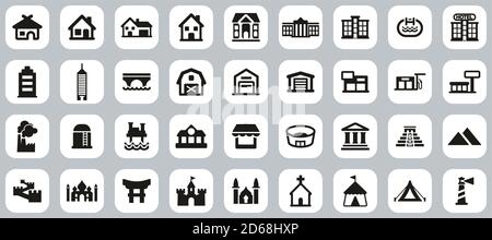 Bâtiments commerciaux et résidentiels Icons conception plate noir et blanc Définir grand Illustration de Vecteur
