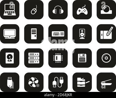 Icônes de matériel informatique blanc sur noir Flat Design Set Big Illustration de Vecteur