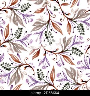 Motif fleuri aquarelle sans couture avec feuilles et baies de couleur marron, verte et pourpre sur fond blanc. Dessiné à la main et numérisé. Design pour papiers peints, textiles, tissus, emballages. SPE 10. Illustration de Vecteur