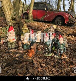 Un groupe de statues de gnome de pierre dans une forêt d'automne avec une vieille voiture abandonnée en arrière-plan Banque D'Images