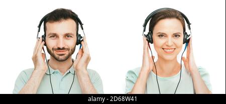 Test auditif, audiométrie. Homme et femme portant un casque pour obtenir un diagnostic auditif, isolé sur du blanc Banque D'Images