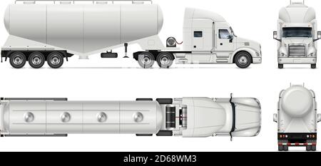 Maquette vectorielle de camion-citerne en vrac sèche sur blanc pour la marque du véhicule et l'identité de l'entreprise. Vue latérale, avant, arrière, haut. Tous les éléments du groupe Illustration de Vecteur