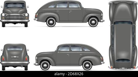 Maquette de voiture rétro sur fond blanc. Vue automatique grise isolée du côté, de l'avant, de l'arrière, du haut. Tous les éléments des groupes sur des calques distincts Illustration de Vecteur