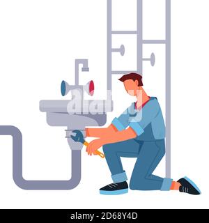 Concept de service de plomberie Illustration d'un réparateur ou d'un plombier à vecteur plat isolée. Illustration de Vecteur