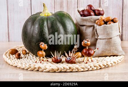 Concept amusant d'artisanat d'automne. En utilisant des châtaignes de chevaux et des acorns de chêne de fruits d'automne pour faire des animaux amusants, hérisson, cheval. Moscata di Provenza en arrière-plan. Banque D'Images