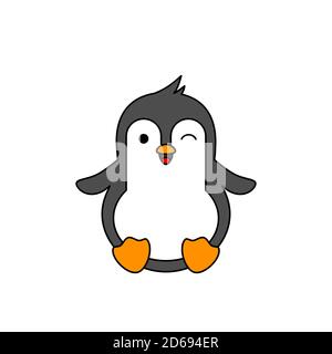 Joli pingouin en forme de clin d'œil. Le petit pingouin kawaii sourit. Manchot heureux assis ou glissant. Drôle de personnage d'oiseau de dessin animé. Animal à thème en hiver. Vecteur Illustration de Vecteur