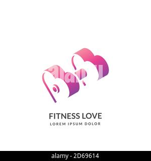 Fitness et gym, logo vectoriel ou modèle de design d'emblème, isolé sur fond blanc. Haltère rose en forme de coeur femelle, icône isométrique. Fille et Illustration de Vecteur