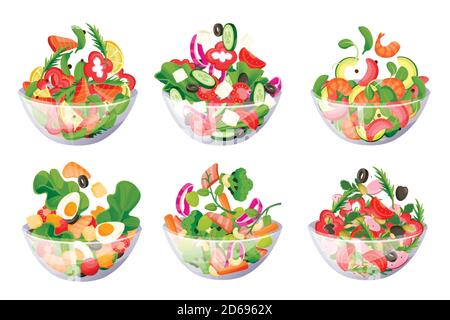 Salades vertes de légumes dans un bol en verre. Illustration de dessin animé à plan vectoriel. Cuisine saine recettes végétariennes éléments de conception. Dîner ou déjeuner, isol Illustration de Vecteur