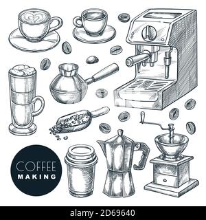 Icônes de préparation du café. Illustration d'esquisse vectorielle dessinée à la main. Tasse avec boissons chaudes, espresso, cappuccino et latte, isolée sur fond blanc. Café Illustration de Vecteur