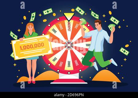 Un couple heureux gagne le jackpot à la loterie. Illustration de dessin animé à plan vectoriel. L'homme et la femme chanceux ont gagné le prix de l'argent dans la roue de fortune. Casino ou jeu g Illustration de Vecteur