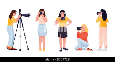 Femme photographe dans différentes poses sur fond blanc. Illustration vectorielle plate. Femme avec appareil photo numérique, personnage de dessin animé. Hobby, photoessio Illustration de Vecteur