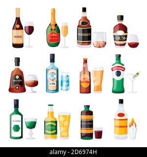 Bouteilles et verres de boissons alcoolisées. Illustration vectorielle à dessin animé à plat isolée. Eléments de conception de menu de barre. Ensemble d'icônes whisky, bière, gin, rhum, vermouth. Illustration de Vecteur