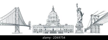 Voyage aux Etats-Unis éléments de design dessinés à la main. Illustration vectorielle de la Statue de la liberté, du Capitole, du pont de Brooklyn et du Golden Gate Bridge. États-Unis Illustration de Vecteur