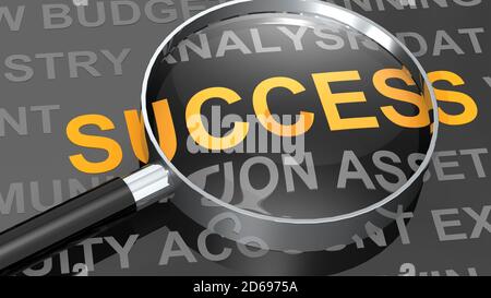 Loupe avec mot de réussite, rendu 3d Banque D'Images