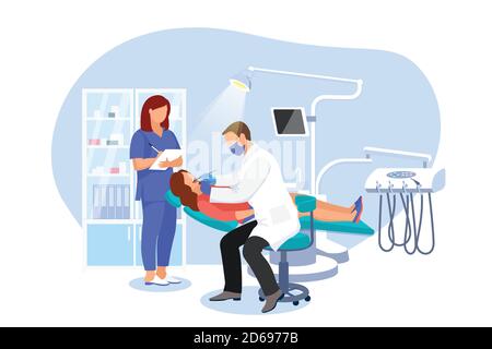 Le dentiste et le médecin examine un patient en chaise de dentiste. Une femme visite un orthodontiste au bureau moderne de la clinique dentaire. Vecteur plat dessin animé illus Illustration de Vecteur