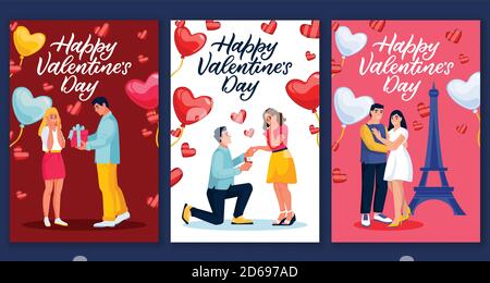 Joyeux Saint Valentin calligraphie lettrage voeux cartes-cadeaux ou cartes postales. Illustration vectorielle de l'amour et des couples romantiques avec des ballons de coeur. Mer Illustration de Vecteur