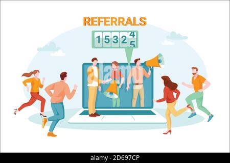 Publicité sur Internet, promotion des réseaux sociaux et concept de marketing numérique. Reportez-vous à une illustration de dessin animé à plat vecteur ami. Homme et femme avec moi Illustration de Vecteur