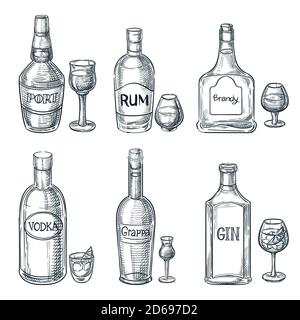 Bouteilles et verres de boissons alcoolisées. Illustration isolée d'une esquisse vectorielle dessinée à la main. Eléments de conception de menu de barre. Icônes de Porto, rhum et gin vintage Illustration de Vecteur