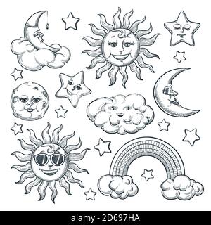 Ensemble d'éléments de design vintage SKY, isolé sur fond blanc. Illustration vectorielle dessinée à la main représentant des caractères de lune, de soleil et d'étoile. Icônes d'espace Doodle Illustration de Vecteur