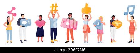 Diversité des personnes avec des symboles de réseaux sociaux. Illustration de dessin animé vectoriel plat, isolée sur fond blanc. Hommes et femmes avec hashtag, carte pi Illustration de Vecteur