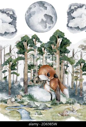 Animaux de la forêt. Réaliste hiver mignon marche faune renard, hibou et paysage avec tente isolé illustration sur fond blanc. Vilage avec Banque D'Images