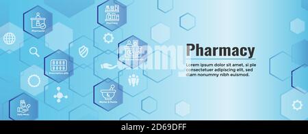 Ensemble d'icônes produits pharmaceutiques et médicaments avec bannière d'en-tête Web Illustration de Vecteur
