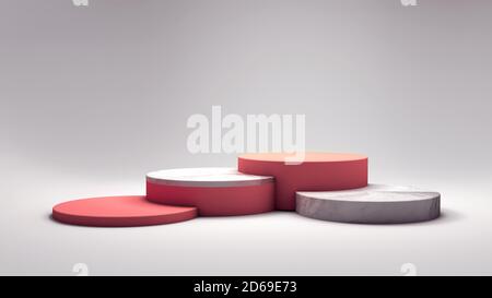 Trois podiums roses et en marbre sur un fond neutre pour la scène de présentation du produit. Rendu 3D Banque D'Images