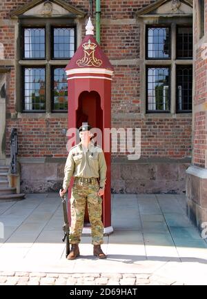 Sentry on duty à l'extérieur de l'une des résidences royales de Copenhague. Danemark. Banque D'Images