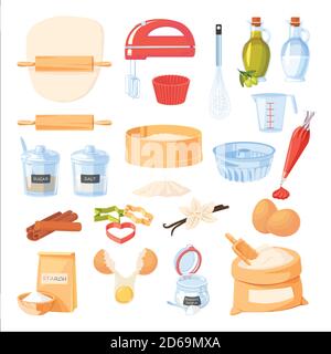 Ingrédients de cuisson et icônes d'ustensiles de cuisine. Illustration de dessin animé à plan vectoriel. Ensemble d'éléments de cuisine et de recettes, isolé sur fond blanc. Illustration de Vecteur