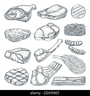 Collection de viande fraîche brute, illustration vectorielle. Éléments de conception isolés de nourriture dessinés à la main. Morceaux de steak de bœuf, jambon, filet de porc, côtelettes d'agneau. Illustration de Vecteur