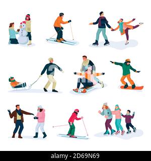 Sports d'hiver, mode de vie et activités. Des jeunes heureux, isolés sur fond blanc. Illustration de dessin animé à plan vectoriel et éléments de conception Illustration de Vecteur