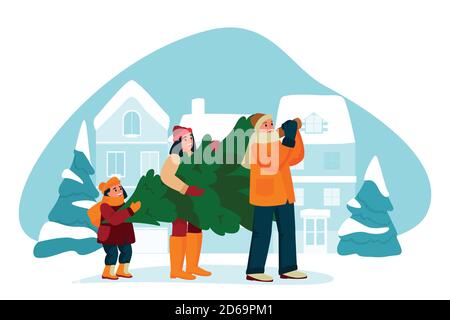 Une famille heureuse achète un arbre de Noël. Préparation et célébration de la Saint-Sylvestre. Illustration de dessin animé à plan vectoriel. Père, mère et enfant portent Chris Illustration de Vecteur